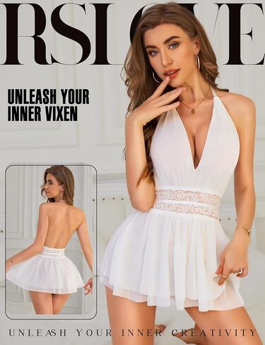 RSLOVE Women's Lingerie Lace Babydoll - Sexy Chemise with Halter Neck Backless Mesh Nightgown Spaghetti Straps Sleepwear in Saudi Arabia