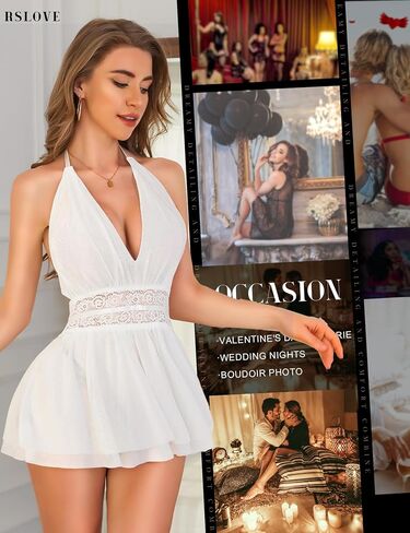 RSLOVE Women's Lingerie Lace Babydoll - Sexy Chemise with Halter Neck Backless Mesh Nightgown Spaghetti Straps Sleepwear in Saudi Arabia