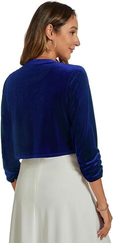 MINTLIMIT Velvet Shrug for Women's Ruched 3/4 Sleeve Open Front Cardigan Elegant Cocktail Party Cropped Bolero Jacket in Saudi Arabia