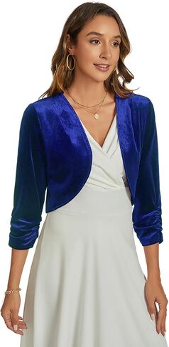 MINTLIMIT Velvet Shrug for Women's Ruched 3/4 Sleeve Open Front Cardigan Elegant Cocktail Party Cropped Bolero Jacket in Saudi Arabia