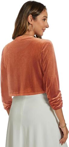MINTLIMIT Velvet Shrug for Women's Ruched 3/4 Sleeve Open Front Cardigan Elegant Cocktail Party Cropped Bolero Jacket in Saudi Arabia