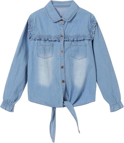 Littlespring Girls Button Down Denim Shirt with tie Bront in Saudi Arabia