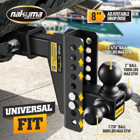 Adjustable Drop Hitch, 8 Inch Drop Trailer Hitch,Tri-Ball(1-7/8'', 2'', 2-5/16'') Hitch, Fits 2-Inch Receiver, Max 12,500 LBS GTW-Truck Trailer Hitch with Double Anti-Theft Pins Locks in Saudi Arabia