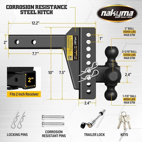 Adjustable Drop Hitch, 8 Inch Drop Trailer Hitch,Tri-Ball(1-7/8'', 2'', 2-5/16'') Hitch, Fits 2-Inch Receiver, Max 12,500 LBS GTW-Truck Trailer Hitch with Double Anti-Theft Pins Locks in Saudi Arabia