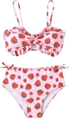 WDIRARA Girl's 2 Piece Strawberry Print Frill Trim Swimwear Set Ruched Bust Cute Summer Swimsuit in Saudi Arabia