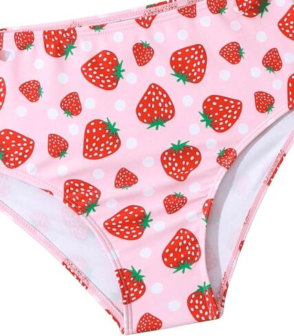WDIRARA Girl's 2 Piece Strawberry Print Frill Trim Swimwear Set Ruched Bust Cute Summer Swimsuit in Saudi Arabia