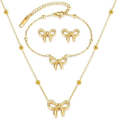 yanchun bow arics netcleace bracelet Gold Gold Jewelry Set Trendy Bowknot Ribbon Pearl ncoker necklace trendy bow mounts المجوهرات الهدايا in Saudi Arabia