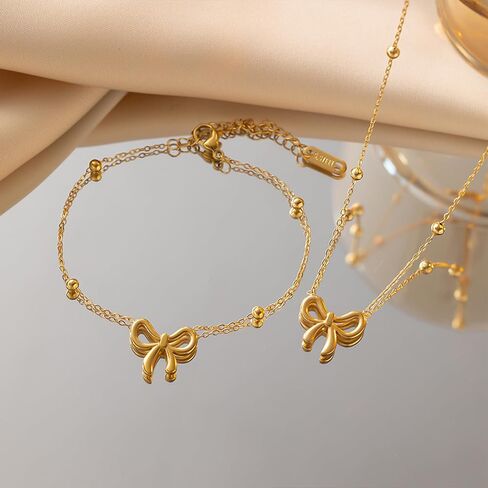 yanchun bow arics netcleace bracelet Gold Gold Jewelry Set Trendy Bowknot Ribbon Pearl ncoker necklace trendy bow mounts المجوهرات الهدايا in Saudi Arabia