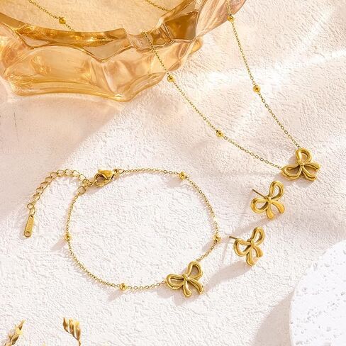 yanchun bow arics netcleace bracelet Gold Gold Jewelry Set Trendy Bowknot Ribbon Pearl ncoker necklace trendy bow mounts المجوهرات الهدايا in Saudi Arabia