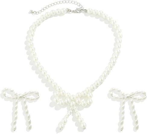 YANCHUN Bow Earrings Necklace Bracelet Gold Jewelry Set Trendy Bowknot Ribbon Pearl Choker Necklace Trendy Bow Stuff Jewelry Gifts in Saudi Arabia