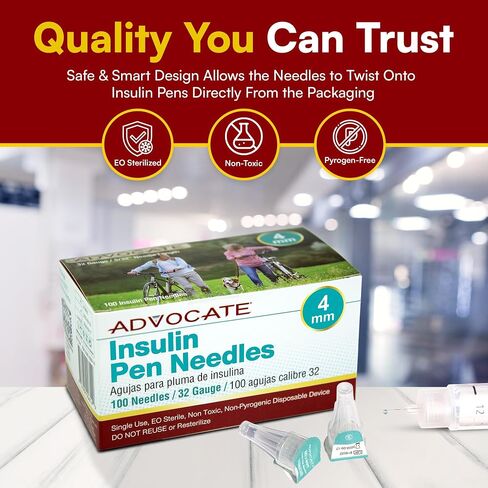 Diabetic Pen Needles 32g 4mm, Extra Lubricated, Tri-Bevel Insulin Needles, Universally Compatible with Insulin Pens for Diabetes Care, Box of 100 in Saudi Arabia