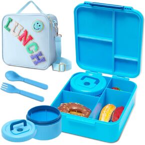 Bento Lunch Box for Kids with 8.5oz Soup Thermo, Kids Leakproof Lunch Food Containers with 4 Compartment, Blue Nylon Insulated Lunch Bag Adjustable Strap for Girl Teens School Travel Picnic