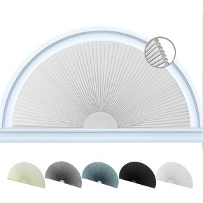Jlong Arch Window Shade Blackout Half Circle Moon Pleated Fabric No Drill Blinds for Windows Semicircular Cellular Shades Half Round Window Covering Easy Install (1, White, W*H: 48"x24"（Radius: 24"）)