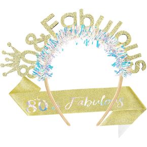 AOPRIE 80 & Fabulous Birthday Sash for Women Birthday Tiara & Crowns Headbands for Girls Happy Birthday Accessories Favor Supllies Gold, 2 Pack