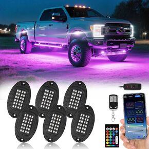 16 Pods Metal RGB LED Rock Lights, Waterproof Aluminum Bright Neon Underglow Kit with APP RF Remote Control, Metal Fender Lights for Trucks Trailer Off Road ATV UTV SUV