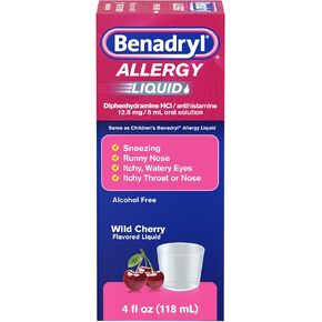 طب السائل من Benadryl ، سائل الحساسية للبالغين الذين يعانون من مضادات الهستامين ثنائي الفينهيدرامين HCL للتخفيف من الأعراض بسبب حمى القش ، والكرز الخالي من الكحول ، والبرية ، 4 FL. أوز