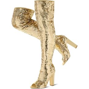 KHPAERMEI Sparkly Thigh High Boots for Women Sexy Sequin Over The Knee High Boots Party Prom Open Toe Chunky High Heels
