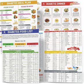 Set of 2 Diabetes Food List (1 Set - 2 Sheets), Laminated Meal Planner for Diabetics w/Serving Size, Food To Avoid, Calories, Glycemic Index, Pamphlet Healthy Grocery Nutrition List, Vitamin Chart