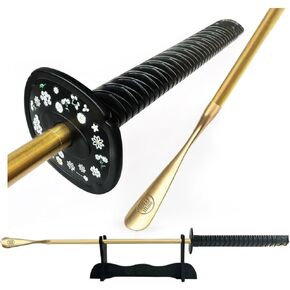 Samurai Sword Style 35" Brass Shoe Horn Set, 5PCS Luxury Kit with Wall Hook, Katana Stand, Travel Horn