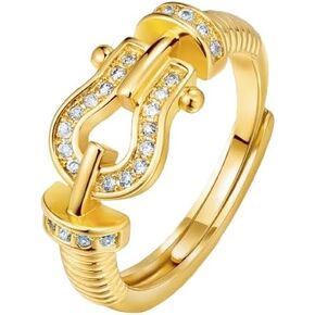 Waimore Gold Saddle Ring Horseshoe Design Sparkling Simulated Diamond Adjustable Hypoallergenic Elegant Jewelry for Anniversary Daily Wear and Statement