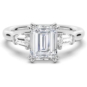 MSBLUE® Emerald Cut Engagement Ring, 2ct Moissanite Center Diamond with Tapered Baguette Side Stones, Sterling Silver with 14K Gold Vermeil, Rhodium Finished