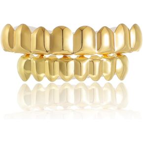 Gold Hip Hop Teeth Grillz for Men Women Punk Style Rapper Teeth Grillz 8 Teeth Caps Top Bottom Set Sparkling Cubic Zirconia Teeth Grilz Christmas Birthday Party Costume Jewelry