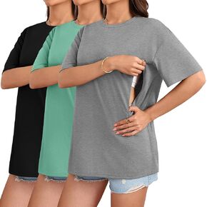 3 Pack Women's Nursing Breastfeeding Shirts Hidden Zipper Cotton Short Sleeve Tops Loose Fit Maternity Clothes