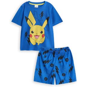 Pokemon Pikachu Boys 2 Piece Pajama Set | Childrens All Over Print Short Leg Bottoms & Short Sleeve Night Top in Blue
