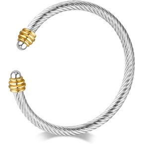 Two Tone Cable Bracelets for Women Gold and Silver Mixed Metal Bracelet Twisted Cable Cuff Jewelry Non Tarnish Stainless Steel