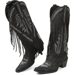 Cowgirl Boots for Women Retro Pointed Toe Pull On Block Chunky Heel Embroide Fringe Country Concert Outfits Mid Calf Western Suede and Faux Leather Cowboy Boots