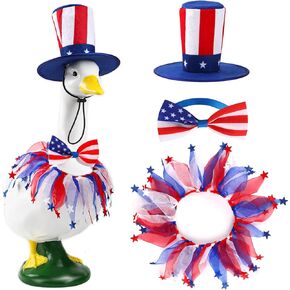 3 Pcs Porch Goose Outfits Goose Clothes for Cement Goose Costume 4th of July Style Goose Outfit Including Bow Tie and Hat for Garden Decoration Party Patio Yard