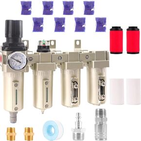 1/2" NPT Industrial Grade 4 Stage Air Compressor Drying System, 0-240 PSI, Particulate & Coalescing Filters, Auto Drain Air Compressor Water Separator System Filter Oil for Paint Spray＆ Plasma Cutter