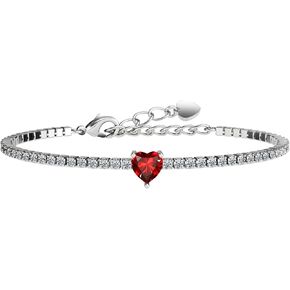 AllenCOCO Sterling Silver Heart Birthstone Bracelet, 14K White Gold Plated, AAAAA+ CZ Cubic Zirconia, Tennis Chain with Heart Charm, Hypoallergenic, Non-Tarnish Jewelry Gift for Women