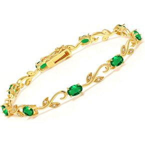 Gem Stone King 18K Yellow Gold Plated Silver Simulated Emerald Diamond Greek Vine 7 Inch Tennis Bracelet For Women | Oval 6X4MM | Fine Jewelry Gifts for Her Mom Women Wife