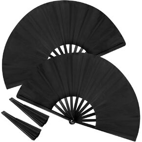 Grevosea 2 Pcs Black Folding Hand Fan, Classic Style Fan Fabric Bamboo Chinese Kung Fu Tai Chi Nylon-Cloth Fans for Dance Wedding Party Favor Performance Home Decoration Festival Gift