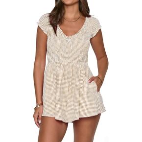 Summer Gingham Romper for Women 2025 Dressy Casual Beach Vacation Short Plaid Smocked Jumpsuit