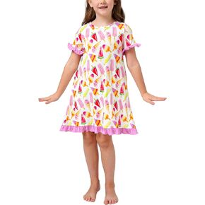 Bamboo Viscose Girls Nightgowns Ruffle Short Sleeve Crew Neck Girls' Sleepwear