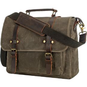 Men's Vintage Leather Messenger Bag 15.6 inch Laptop Briefcase, Waxed Canvas & Genuine Leather, Business Shoulder Satchel