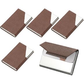 PATIKIL PU Leather Business Card Holder, 5Pcs Stainless Steel Name Card Case with Magnetic Wallet Pocket Carrier for ID Card Men Women, Brown
