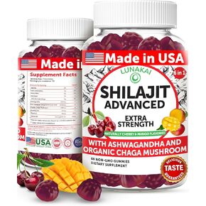 Lunakai USA Made Pure Shilajit Gummies 1200mg with Ashwagandha & Chaga - Himalayan Shilajit for Men & Women, Energy & Vitality Support, 60ct