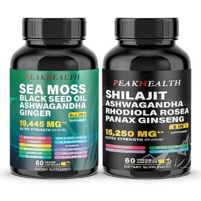 Sea Moss Shilajit Black Seed Oil Ashwagandha Capsules for Man Woman,2 Bottle Combo with Turmeric, Panax Ginseng, Rhodiola,19,445mg Herbal Formula,Energy & Immune Support, 60 Capsules,Easy to Swallow