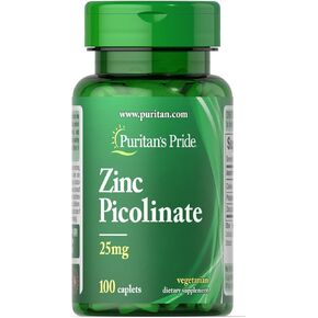 Puritan's Pride Zinc Picolinate Zinc 25mg with Calcium and Phosphorus, Vegetarian Dietary Supplement for Immune System, Energy Metabolism, Cell Division and Growth Support, 100 Caplets