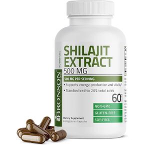 Bronson Shilajit Extract 500 MG Per Serving, Supports Energy Production & Vitality, Standardized to 20% Total Acids, Non-GMO, 120 Vegetarian Capsules
