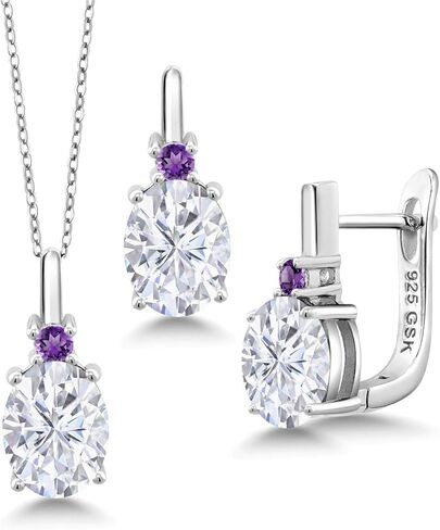 Gem Stone King 925 Sterling Silver Oval Cabochon White Simulated Opal and Purple Amethyst Pendant and Earrings Jewelry Set For Women (4.86 Cttw, Gemstone Birthstone, with 18 Inch Chain) in Saudi Arabia