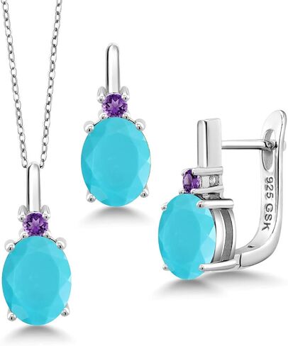 Gem Stone King 925 Sterling Silver Oval Cabochon White Simulated Opal and Purple Amethyst Pendant and Earrings Jewelry Set For Women (4.86 Cttw, Gemstone Birthstone, with 18 Inch Chain) in Saudi Arabia