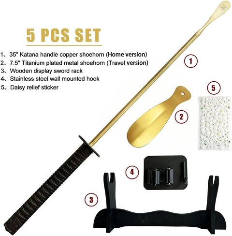 Samurai Sword Style 35" Brass Shoe Horn Set, 5PCS Luxury Kit with Wall Hook, Katana Stand, Travel Horn in Saudi Arabia