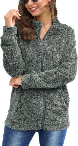 For G and PL Lady Winter Zip Up Soft Fleece Cardigan Fuzzy Lounge Zipper Coat Grey L in Kuwait