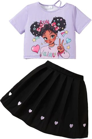 Girls 2 Piece Outfits Print Short Sleeve Top and Pleated Skirt Girls Trendy Clothing Set in Saudi Arabia