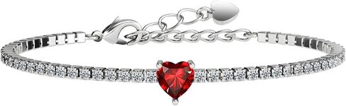 AllenCOCO Sterling Silver Heart Birthstone Bracelet, 14K White Gold Plated, AAAAA+ CZ Cubic Zirconia, Tennis Chain with Heart Charm, Hypoallergenic, Non-Tarnish Jewelry Gift for Women in Saudi Arabia