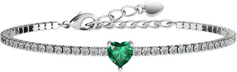 AllenCOCO Sterling Silver Heart Birthstone Bracelet, 14K White Gold Plated, AAAAA+ CZ Cubic Zirconia, Tennis Chain with Heart Charm, Hypoallergenic, Non-Tarnish Jewelry Gift for Women in Saudi Arabia